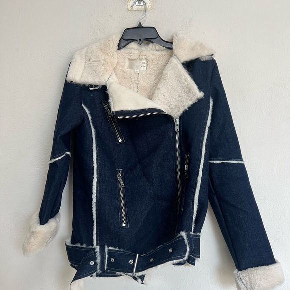 J.O.A Denim Biker Jacket With Faux Shearling Lining Women’s Size Small - Picture 5 of 9